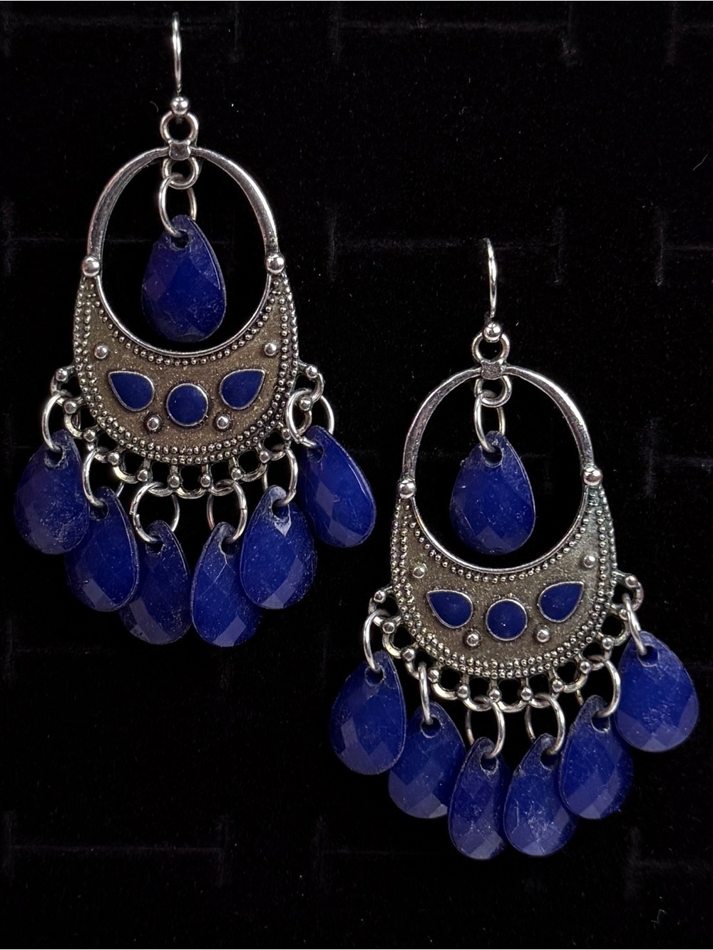 Bohemian chic Blue and Silvertone Chandelier pierced dangle Earrings